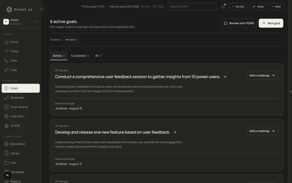 Pono goals page listing active goals, each with its plan length, owner and target date.