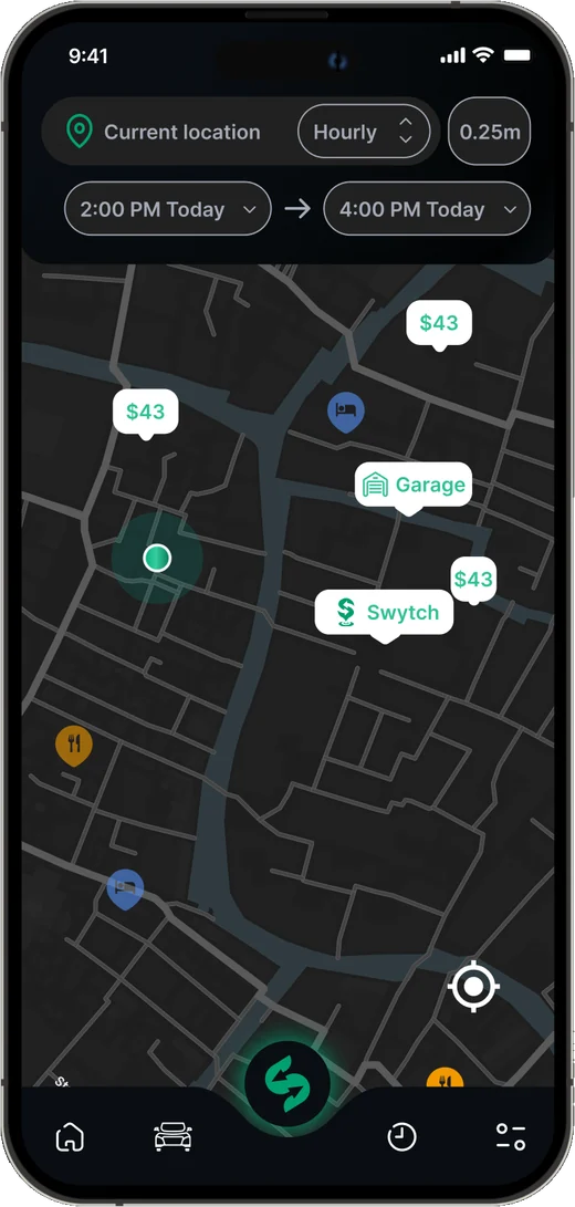 Swytch Swap map of nearby parking spots with their hourly prices.