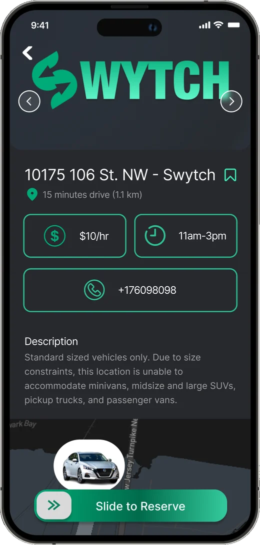 A Swytch Swap parking spot’s details: price, available hours, and slide to reserve.