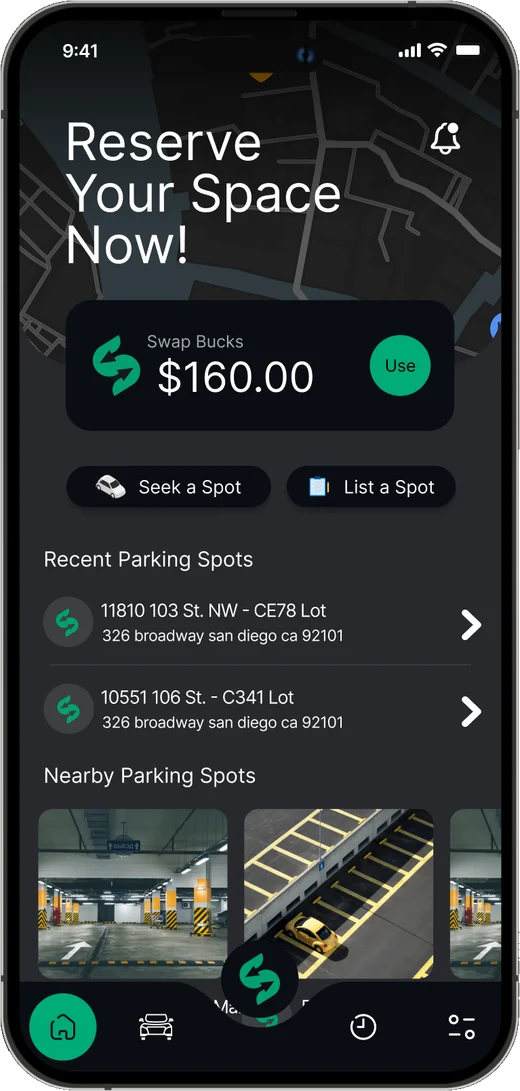 Swytch Swap home screen with the Swap Bucks balance and recent parking spots.