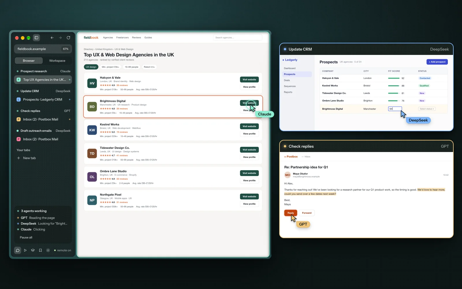 BrowseK with three AI models working at once: Claude researching design agencies, DeepSeek updating a CRM, and GPT replying to an email.