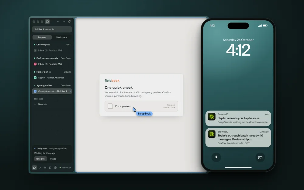 A captcha in BrowseK sent to the user’s phone as a push notification while DeepSeek waits.