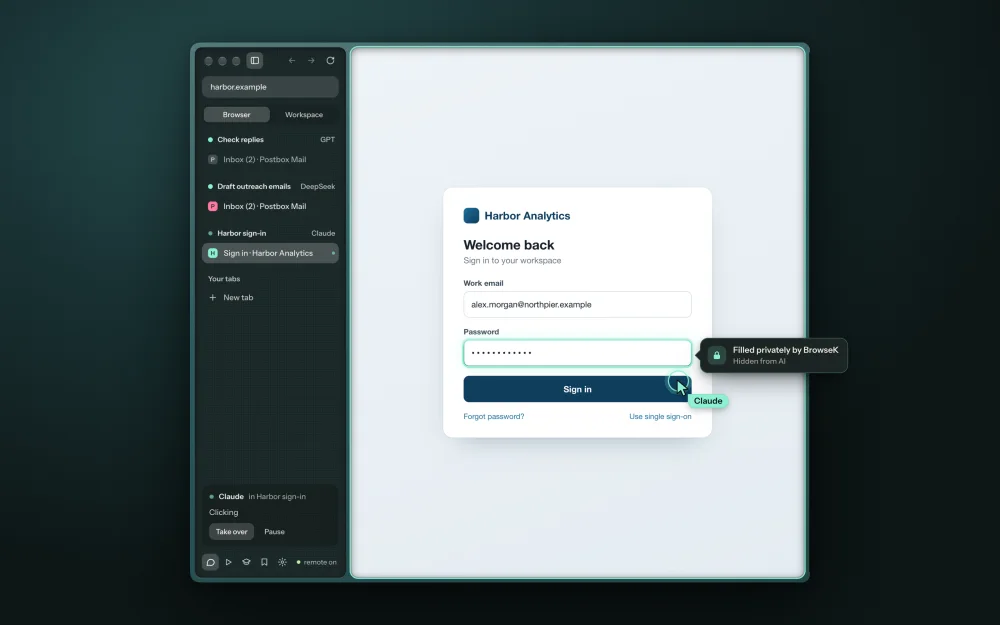 BrowseK filling a sign-in password itself, marked as hidden from the AI, while Claude clicks Sign in.